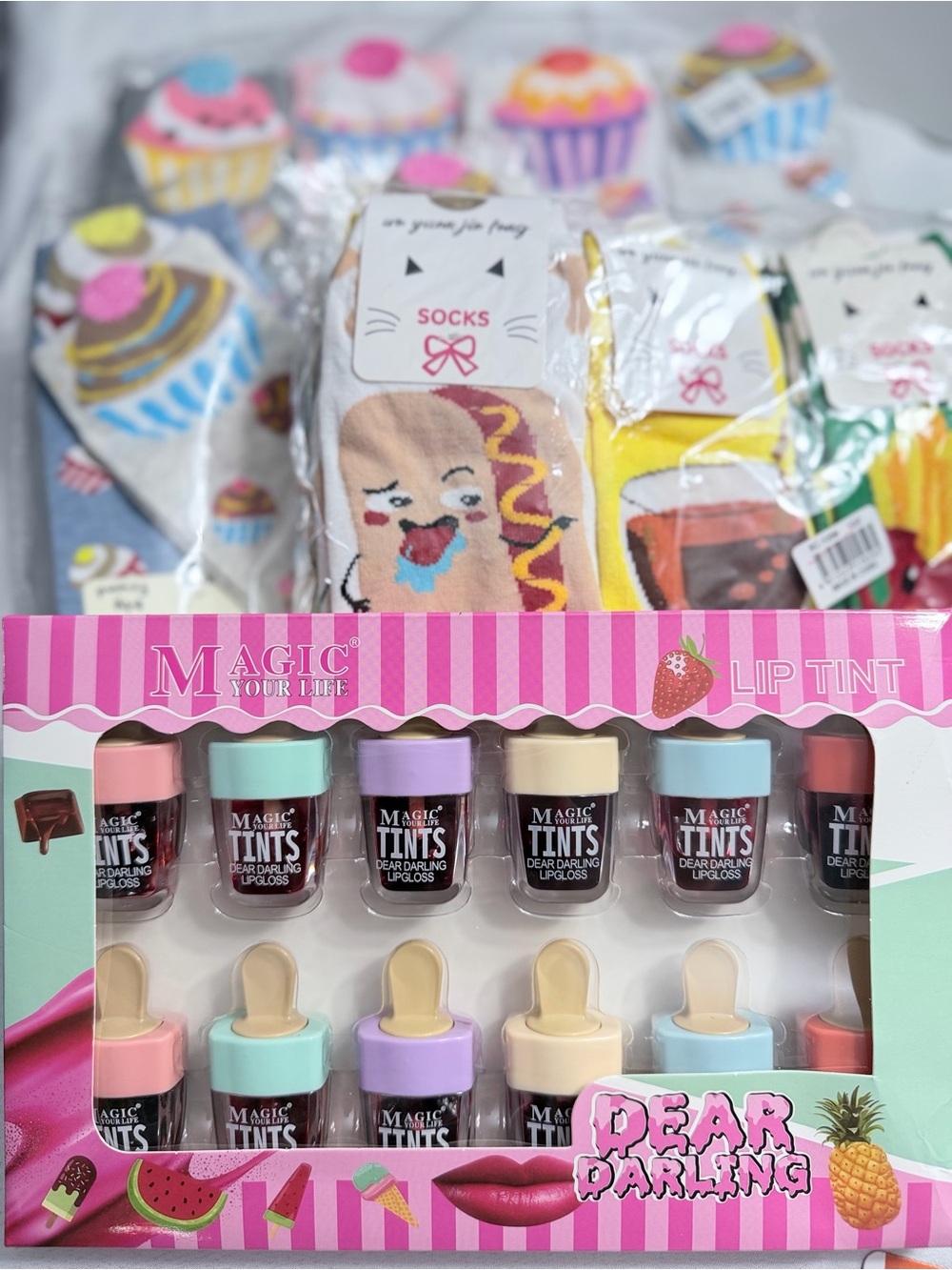 25-Piece Junk Food Themed Mixed Lot Fun Foodie Bundle Pens Erasers Socks Jewelry - Picture 2 of 12
